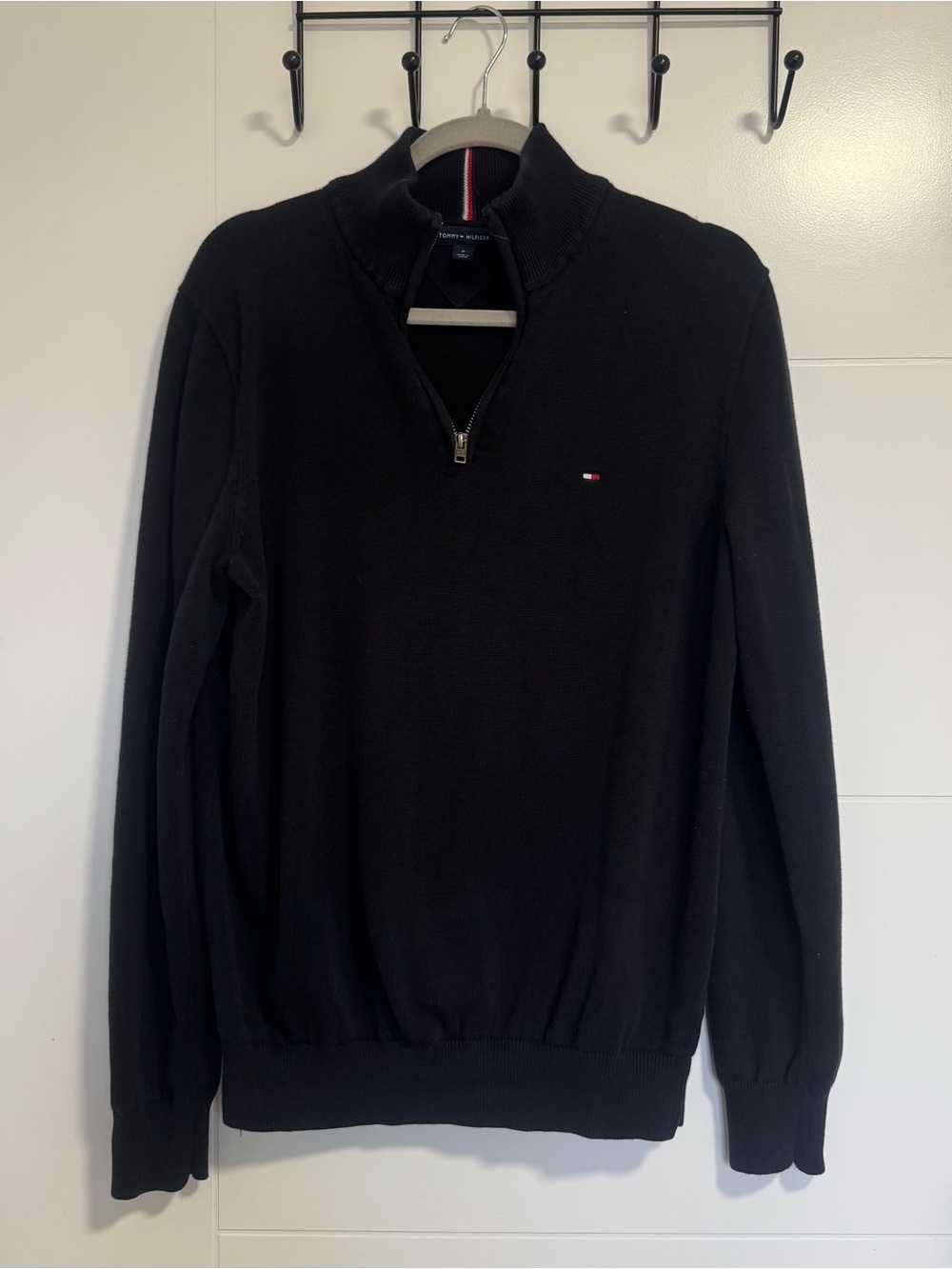 Tommy Hilfiger Men’s Black Half-Zip Sweater with Crest Flag